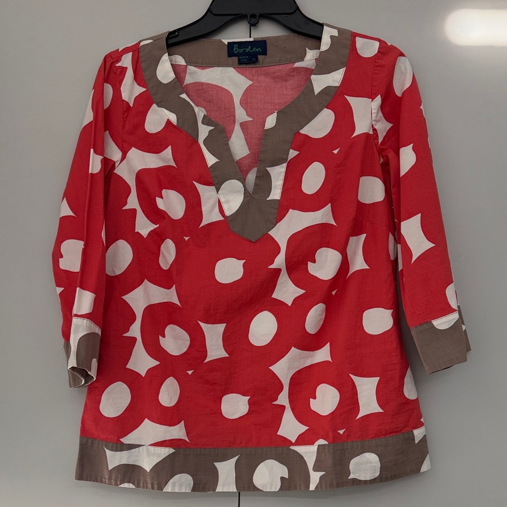 Boden Red and White Patterned Cotton Tunic with Taupe Trim